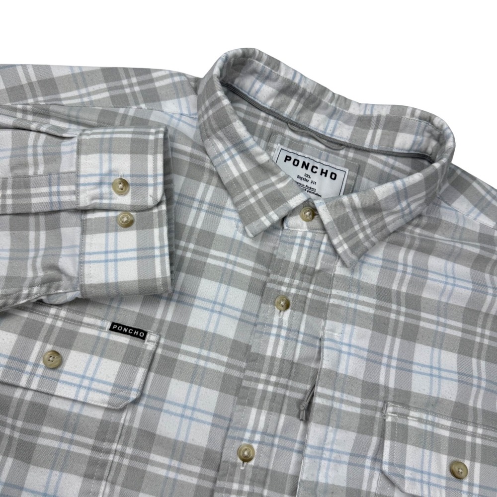 Poncho Outdoors Mens 3XL Regular Fit Plaid Magnetic Button Fishing Shirt Grey